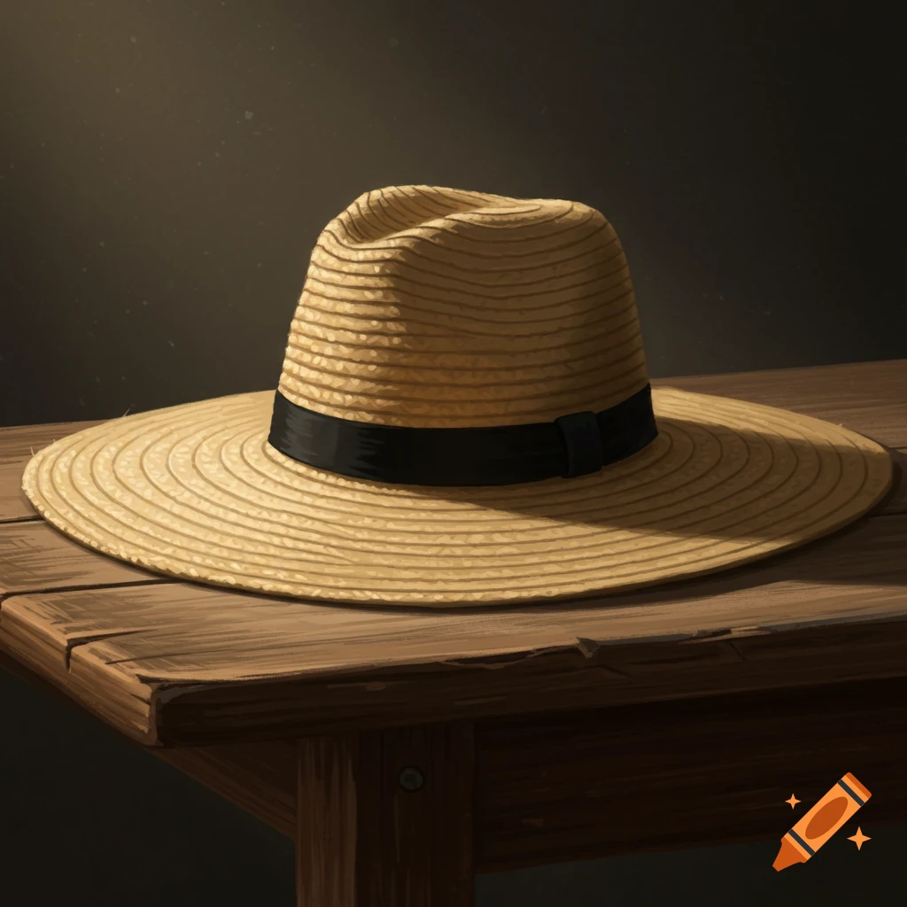 A straw hat with a black ribbon sits on a wooden table, illuminated by side lighting. Digital painting.