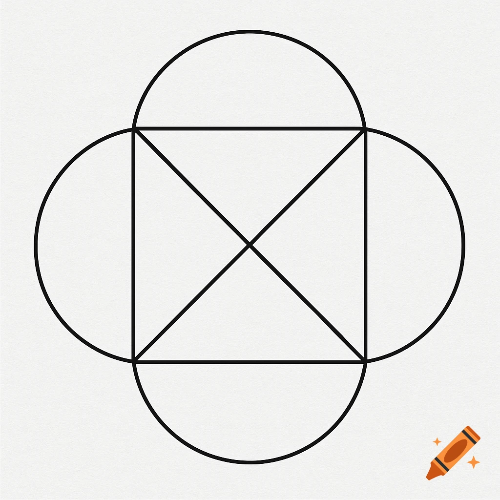 A black and white geometric pattern of a square with diagonal lines and a semicircle on each side.