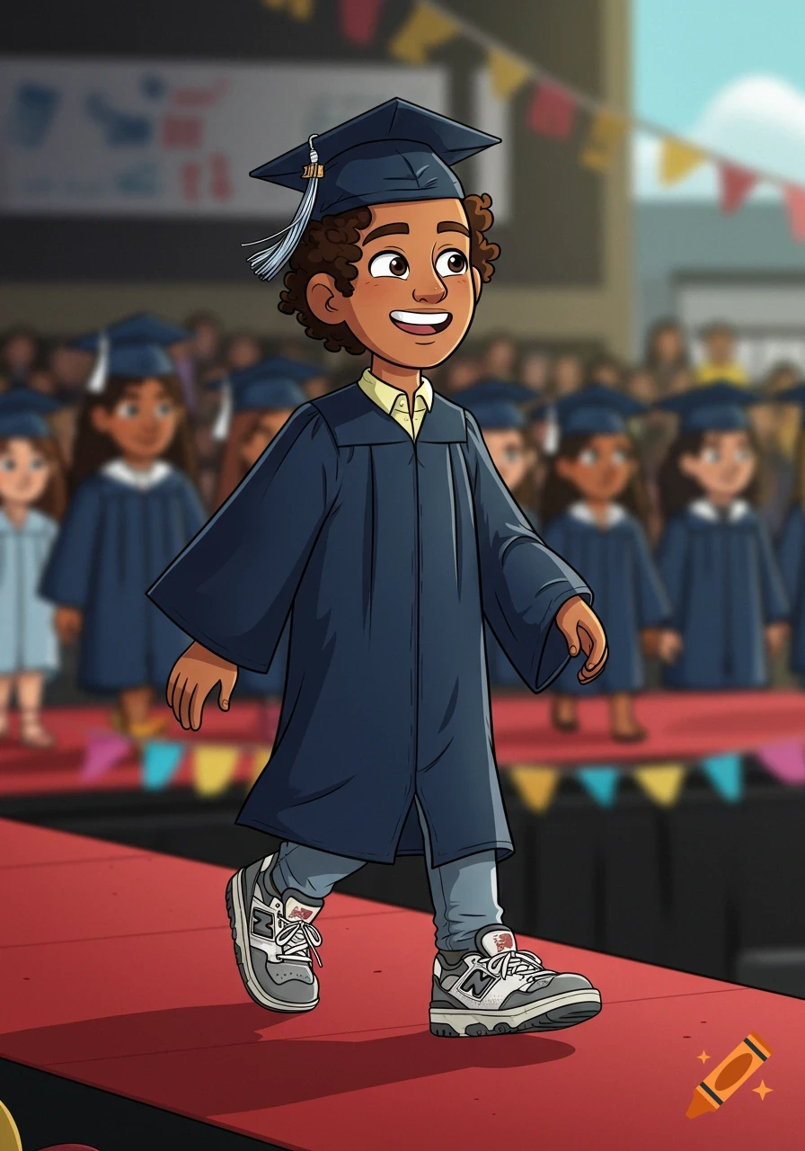 Cartoon hispanic teen walks on stage in graduation cap and gown