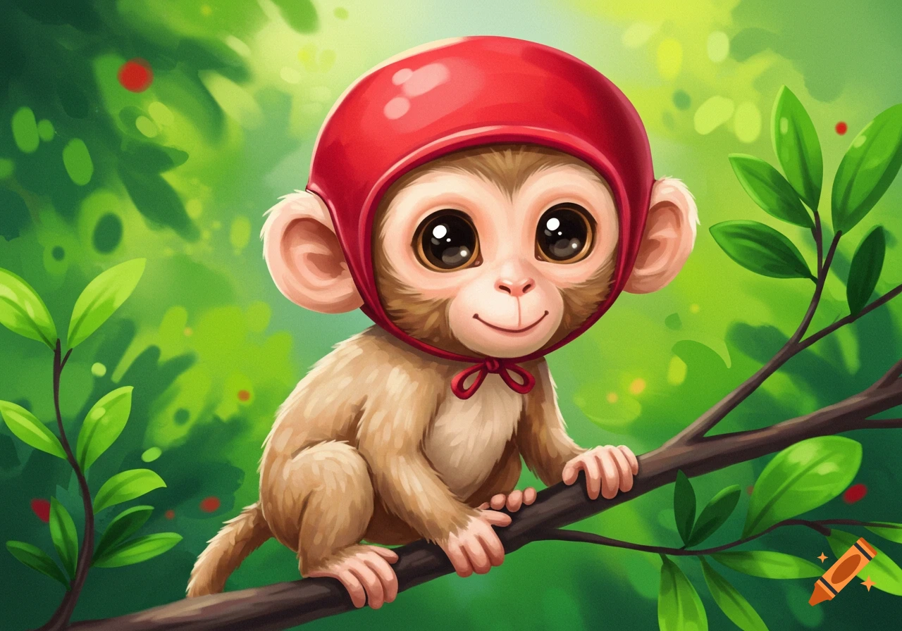 Cute cartoon monkey in a red bonnet sitting on a branch in a jungle.
