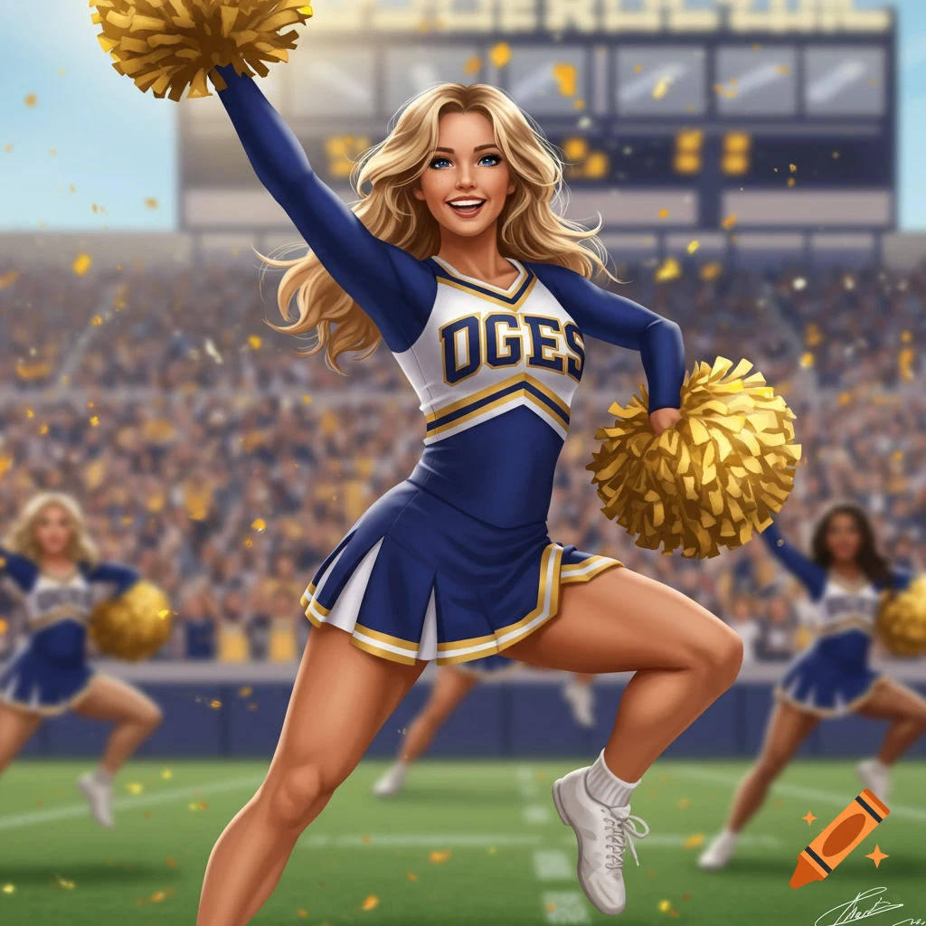 A blonde cheerleader jumps with pom-poms on a football field.