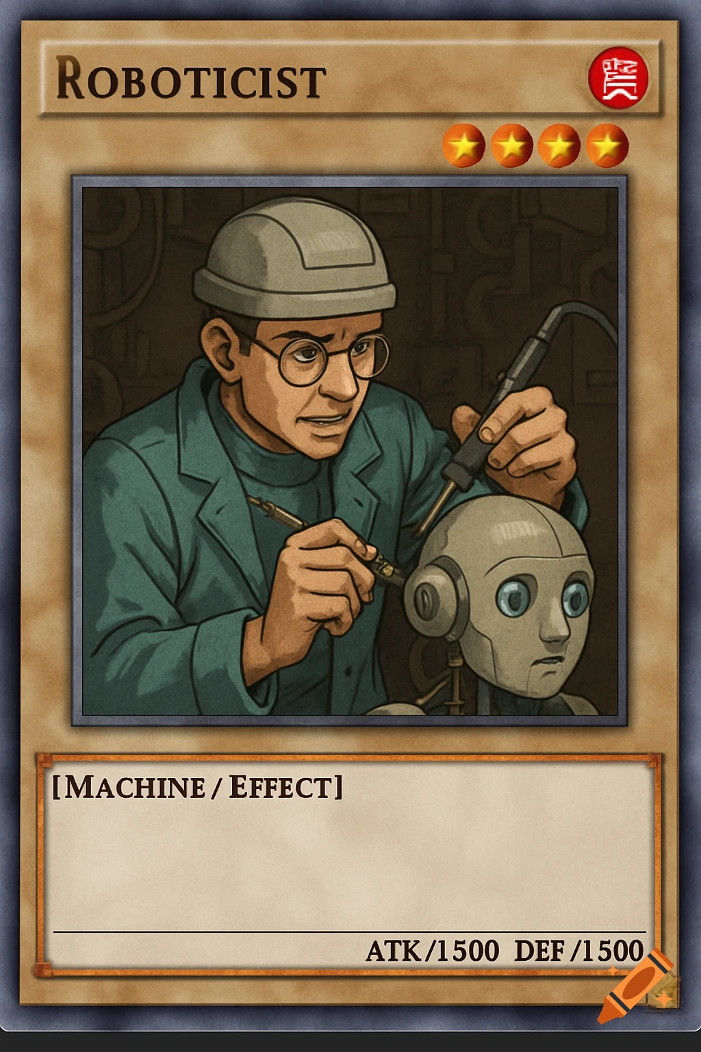 Illustration of a person working on a robot head, styled as a trading card.
