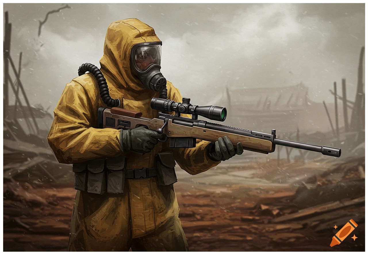 A figure in a yellow hazmat suit and gas mask holds a sniper rifle in a ruined, snowy environment.