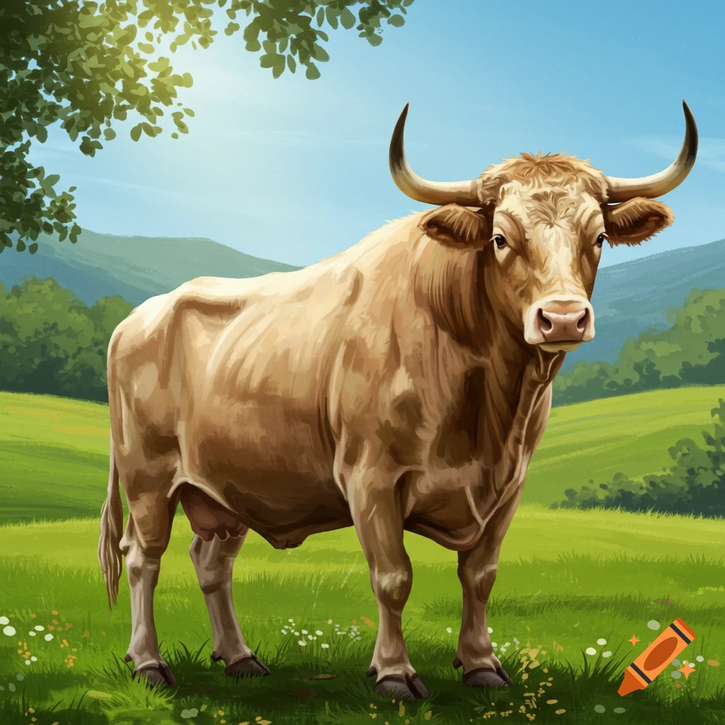 Illustration of a large ox standing in a green field with trees and hills in the background.