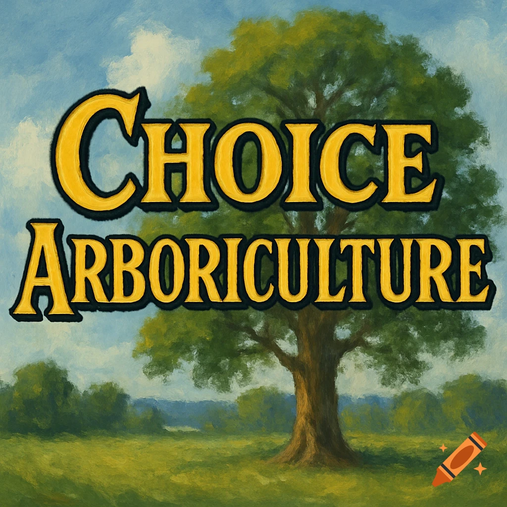 Text "CHOICE ARBORICULTURE" over a painting of a large tree in a landscape.