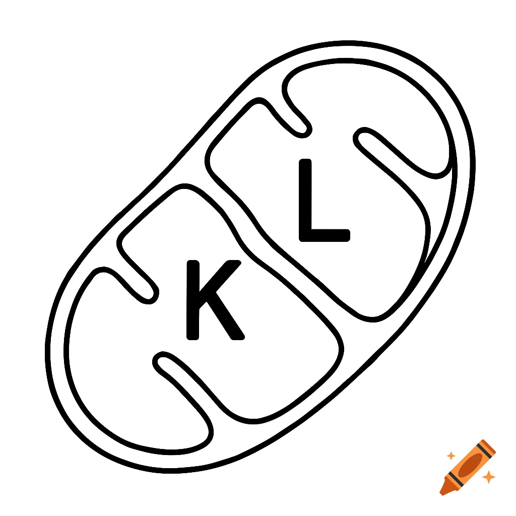 Line outline illustration of a mitochondrion with letters K and L inside.