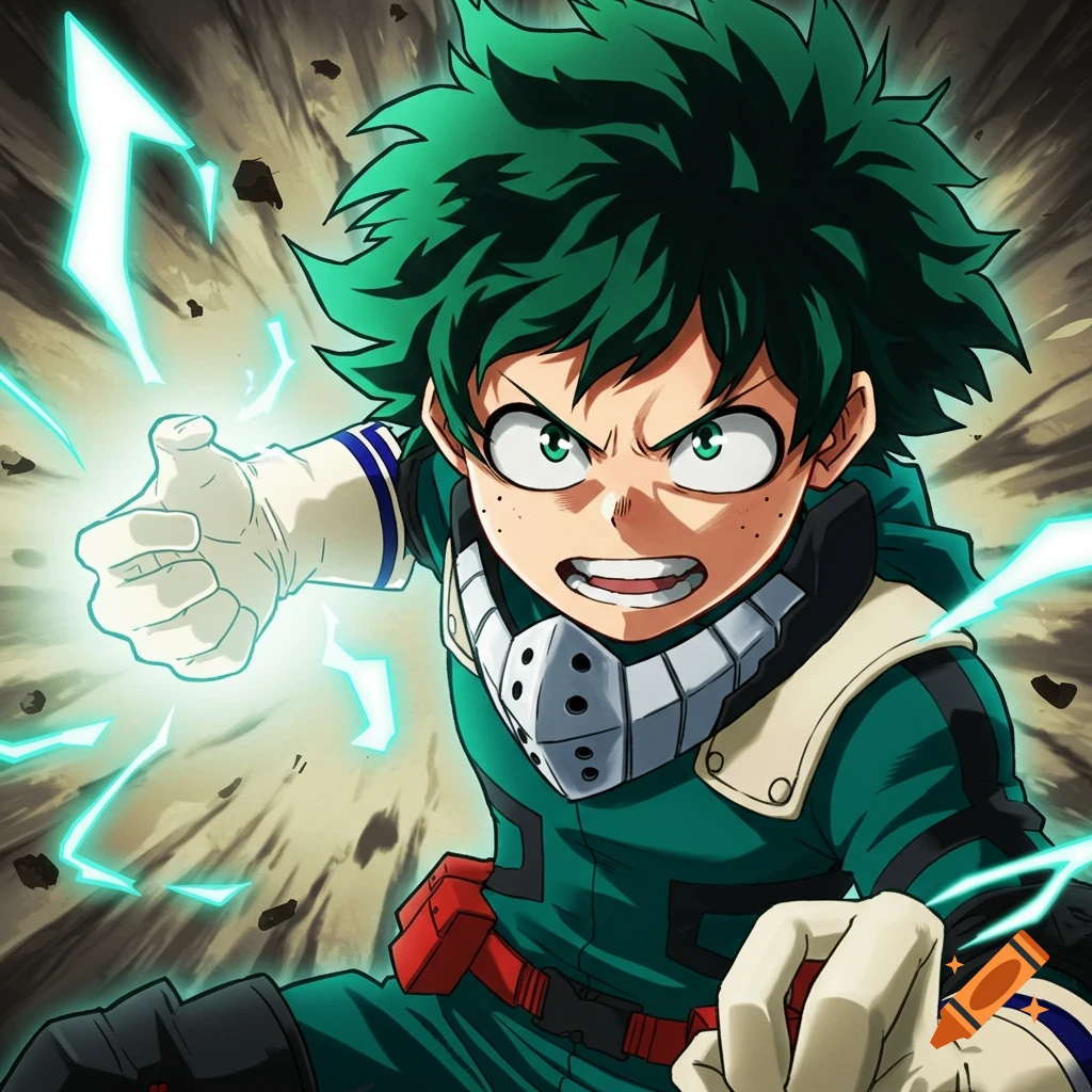 Anime illustration of Deku from My Hero Academia in his hero costume, lunging forward with power effects around his hand.