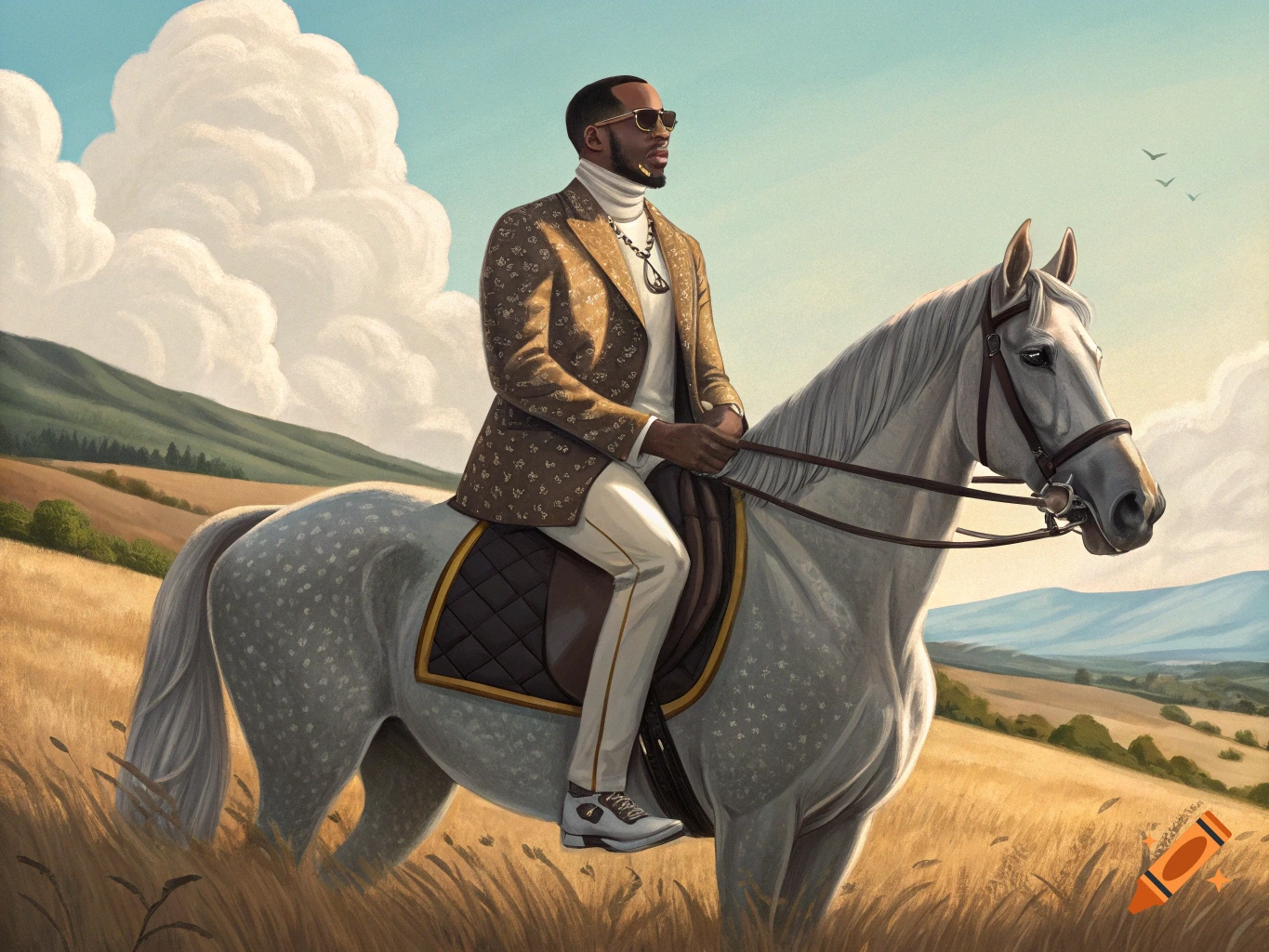 A stylish man on a white horse in a rural landscape, digital painting.