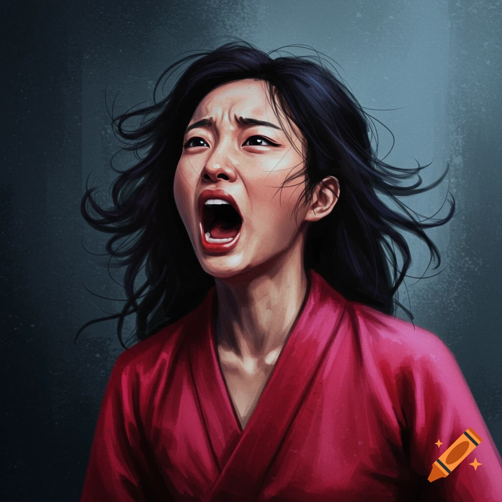 A stylized portrait of a woman screaming, with windblown dark hair, wearing a red robe.