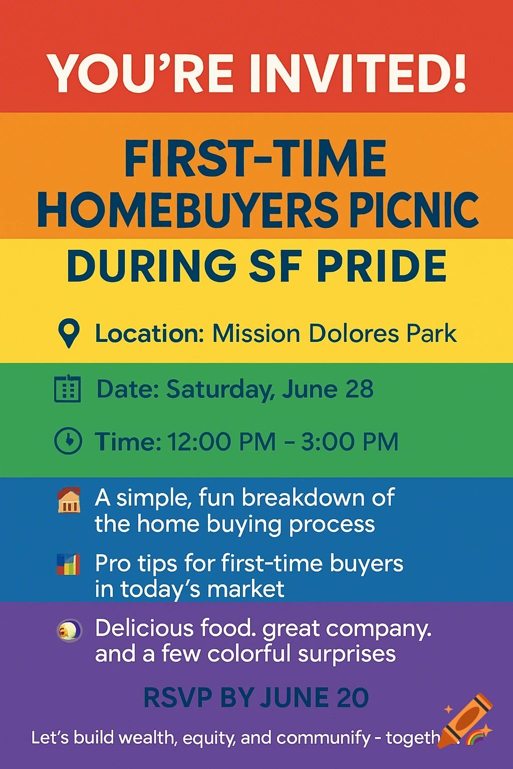 Digital flyer for a First-Time Homebuyers Picnic during SF Pride with a rainbow background and event details.