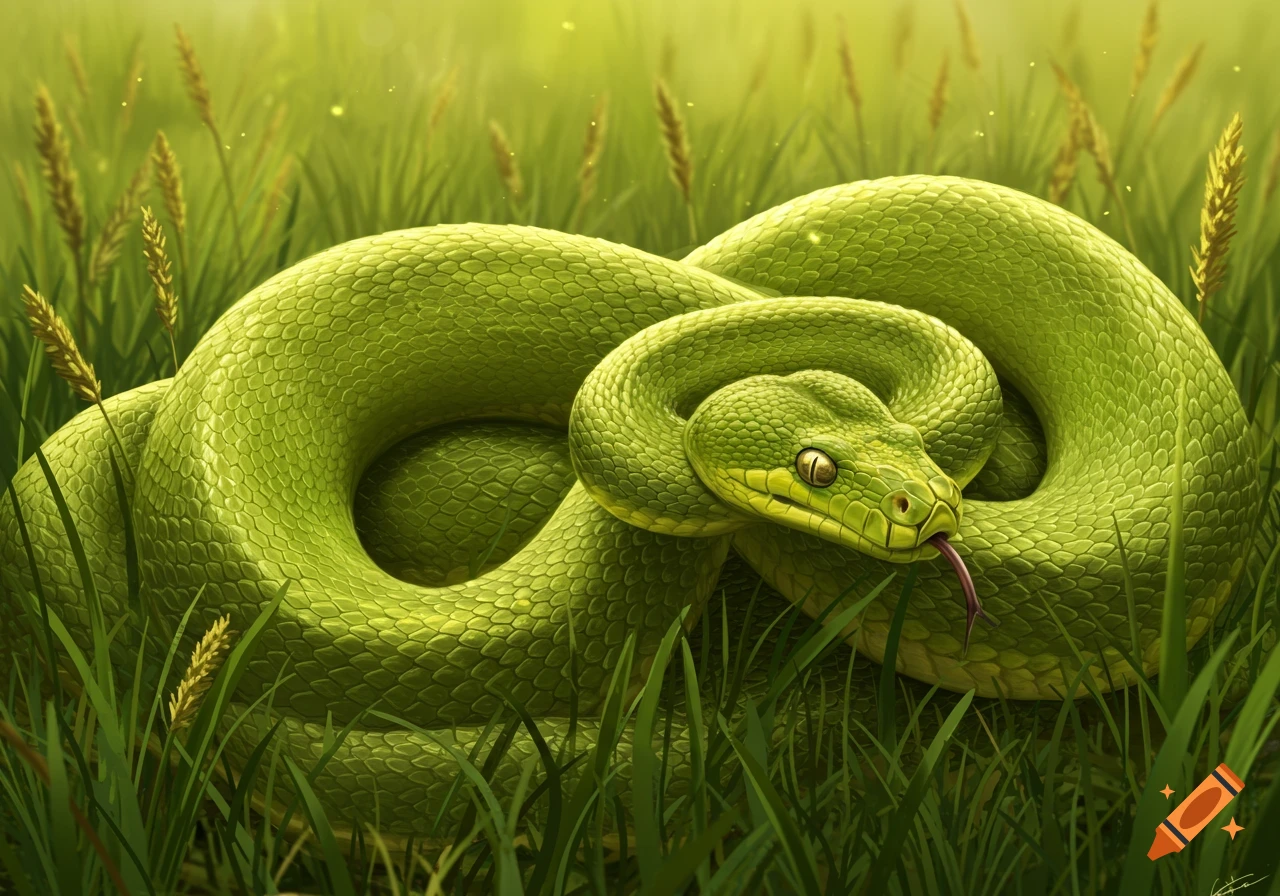 A bright green snake is coiled in tall grass, flicking its tongue, in a painterly illustration.