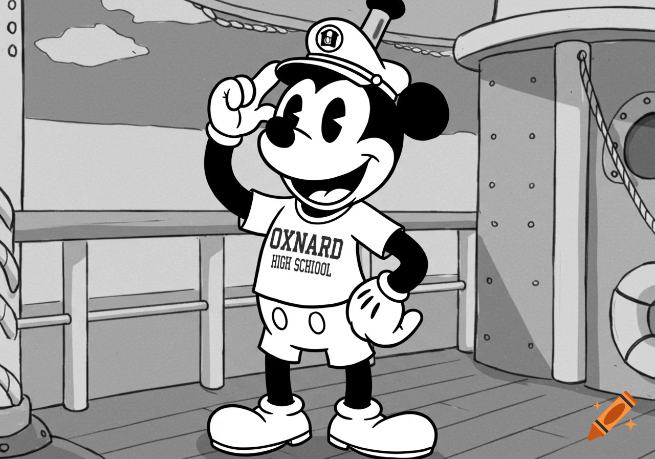 Black and white cartoon character in Steamboat Willie style wearing a captain's hat and t-shirt stands on a ship deck.