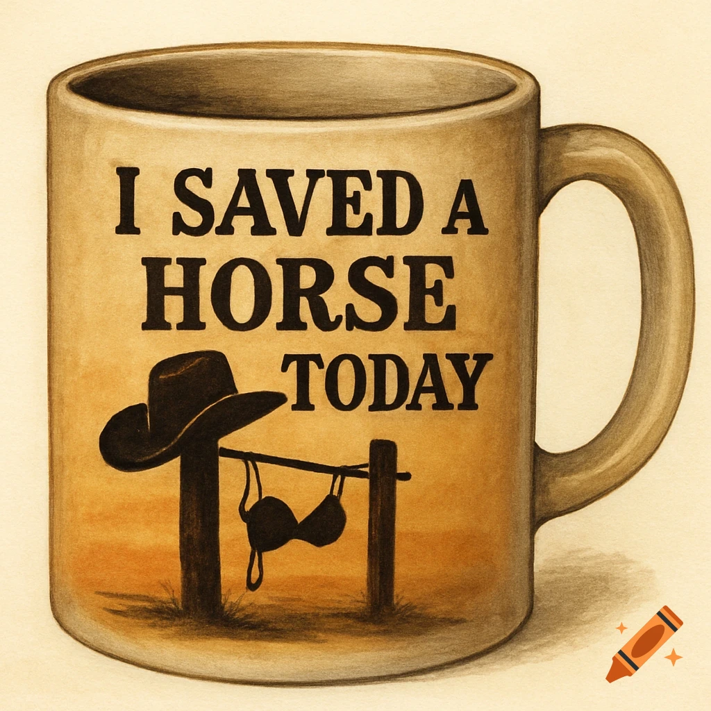A coffee mug with text 'I SAVED A HORSE TODAY' and a drawing of a cowboy hat and bra on a fence.