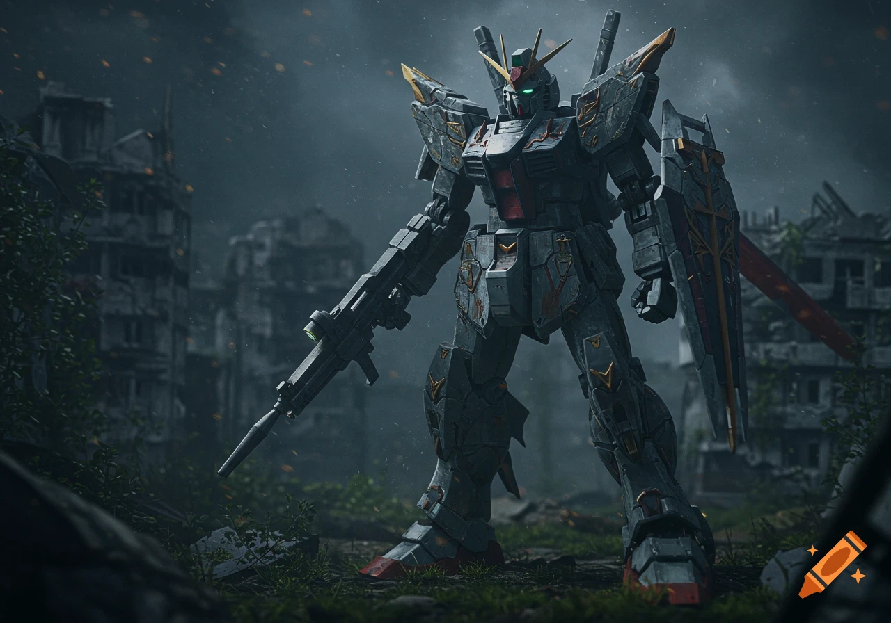 A giant grey robot with red and gold details stands in the ruins of a city under a dark, cloudy sky.