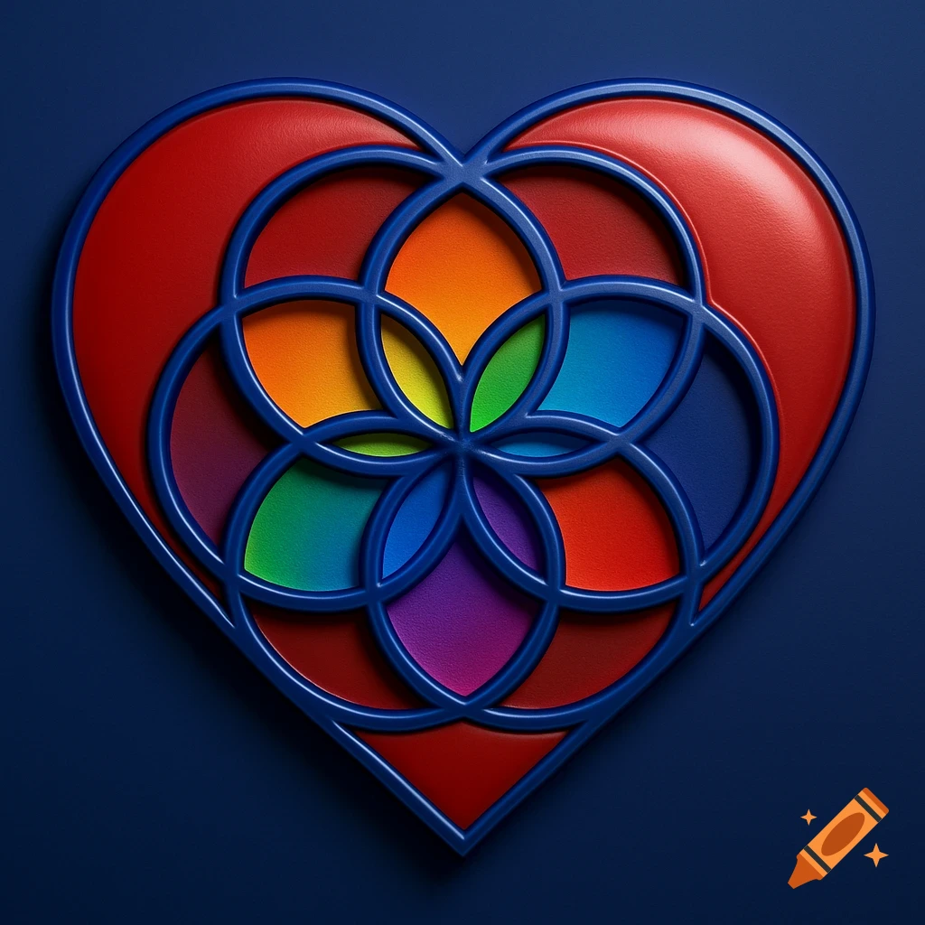 A geometric heart symbol filled with a rainbow pattern within a red outline, set against a dark blue background.
