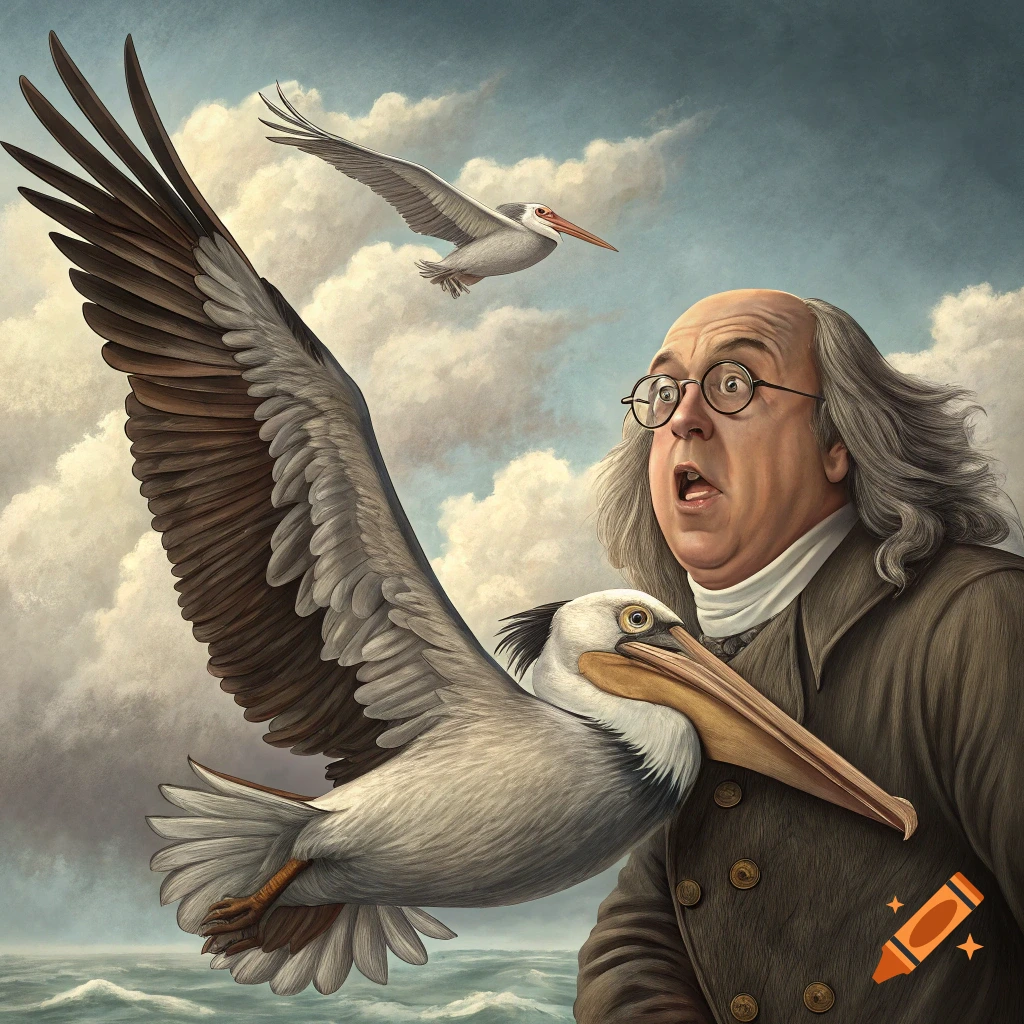 Painting of a surprised Benjamin Franklin as a large pelican flies towards him