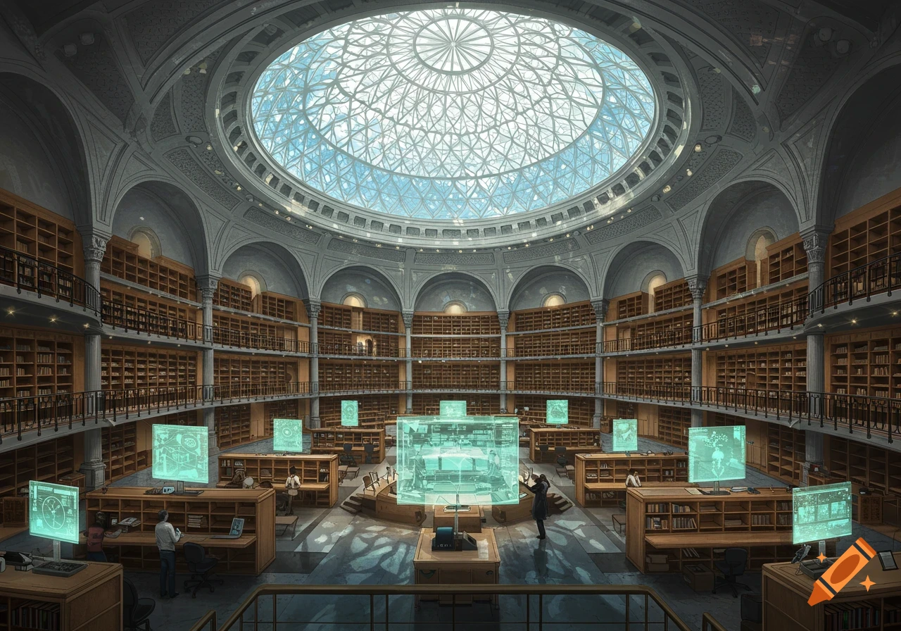 A grand, futuristic library interior with high bookshelves, a glass dome ceiling, and glowing holographic displays.