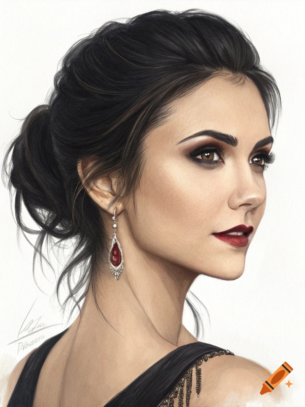 Realistic drawing of a woman with dark hair in an updo, red lipstick, and dark eye makeup, wearing a black dress and red earring.