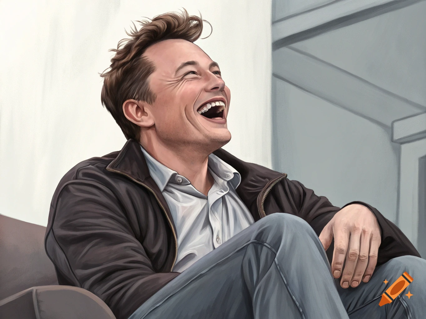 Digital painting of Elon Musk laughing heartily