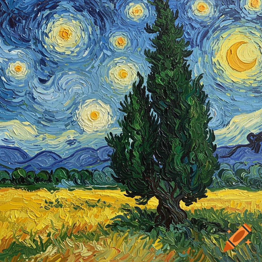 An oil painting in the style of Van Gogh depicting a cypress tree, wheat field, mountains, and swirling stars and moon in the sky.