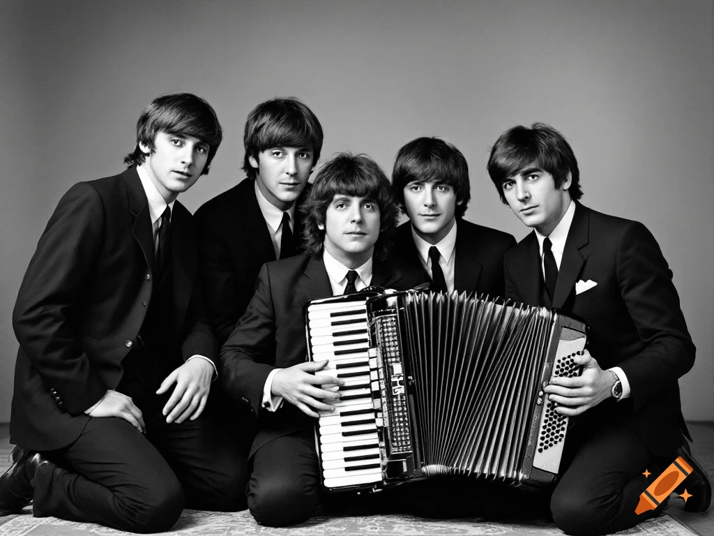 Black and white photo of five men in suits, likely The Beatles and Weird Al Yankovic, kneeling with an accordion.