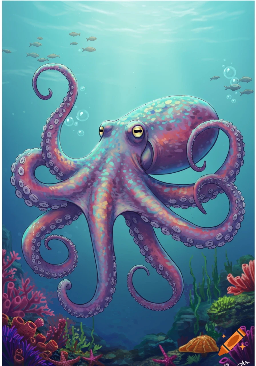 Colorful illustration of an octopus underwater with coral and fish.