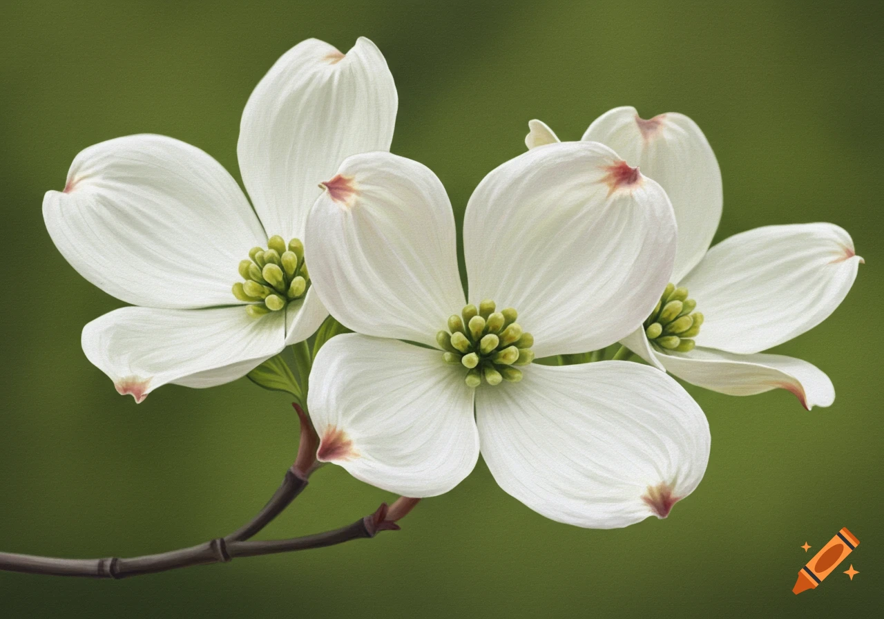Close-up of white dogwood flowers on a branch with a green background.
