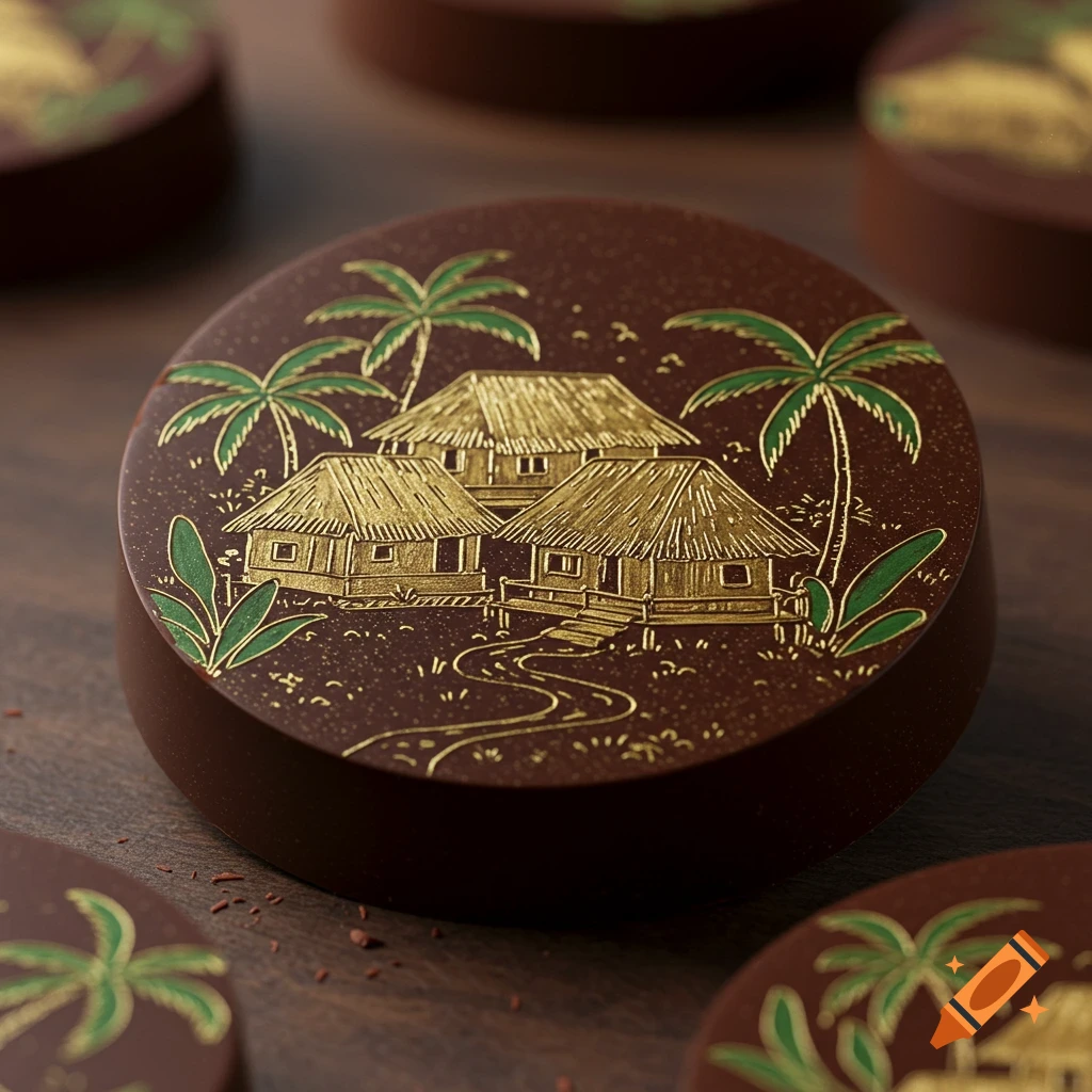 Close-up of a round dark chocolate decorated with a golden illustration of tropical houses, palm trees, and a path.