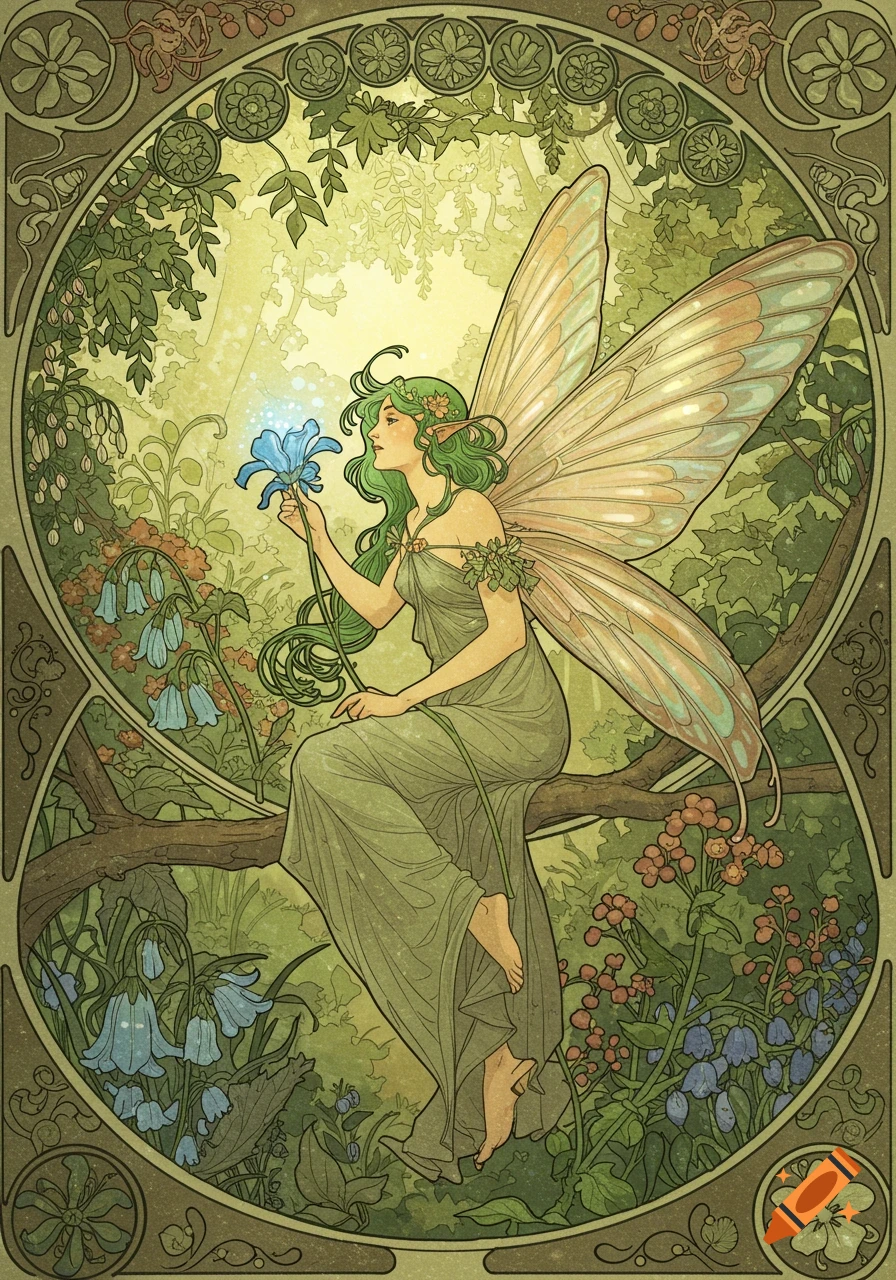 Art Nouveau illustration of a fairy with wings in a forest.
