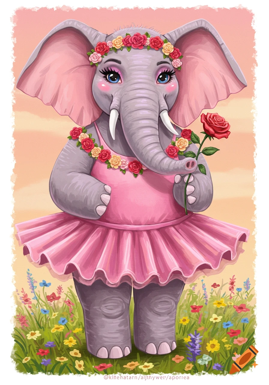 Cartoon elephant in a pink ballet tutu holds a rose in a field of flowers.