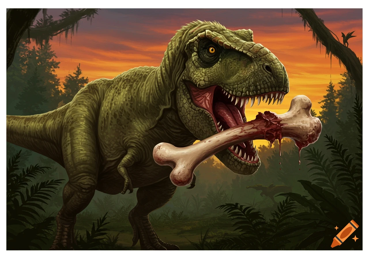 Illustration of a T-Rex holding a bloody bone in its mouth in a prehistoric jungle setting.