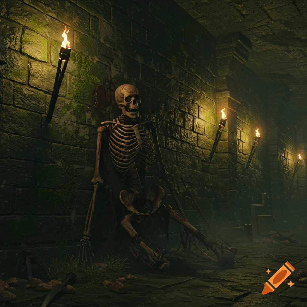 A skeleton sits slumped against a mossy stone wall in a dark dungeon, lit by torches.