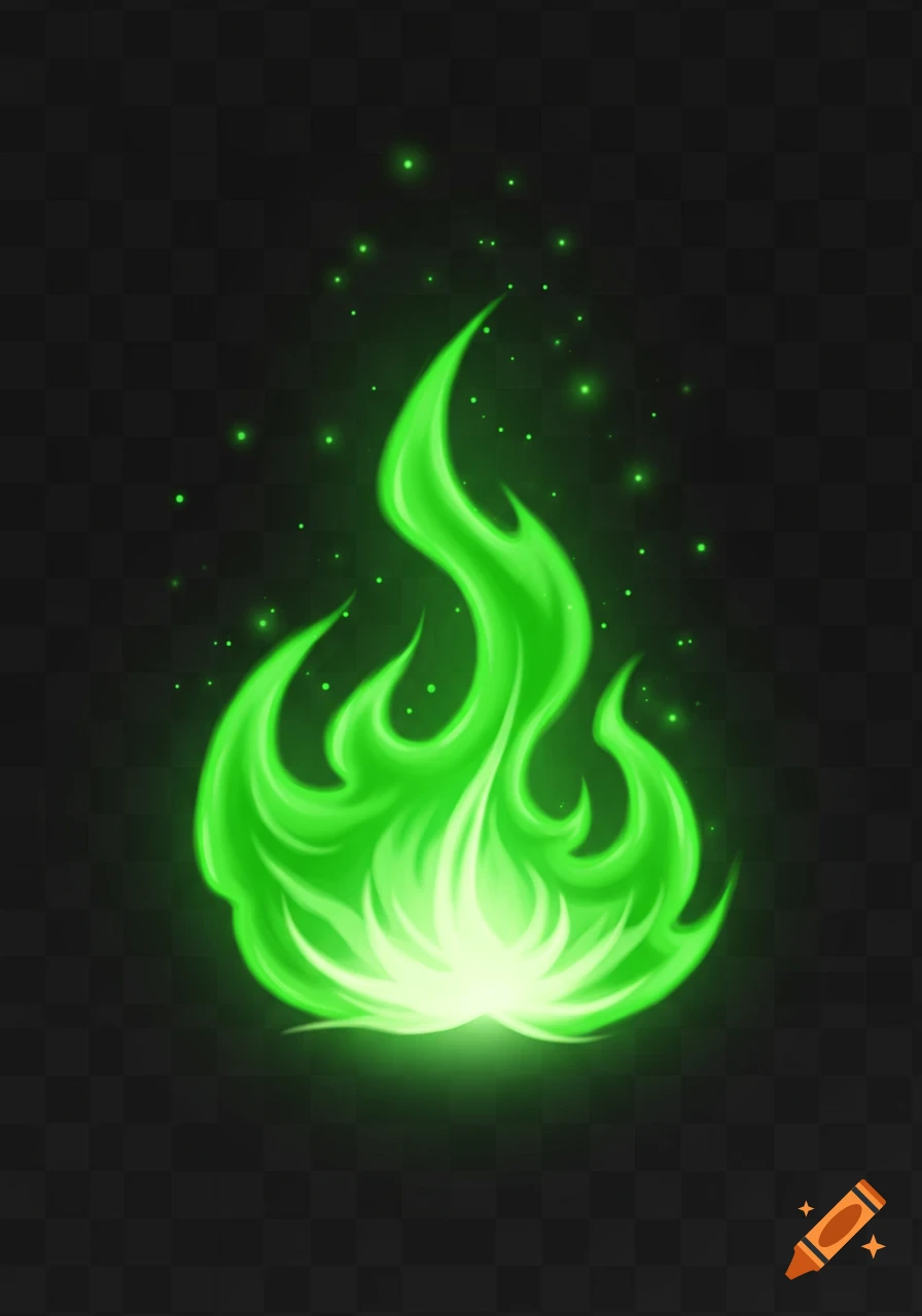A green flame effect with glowing sparks