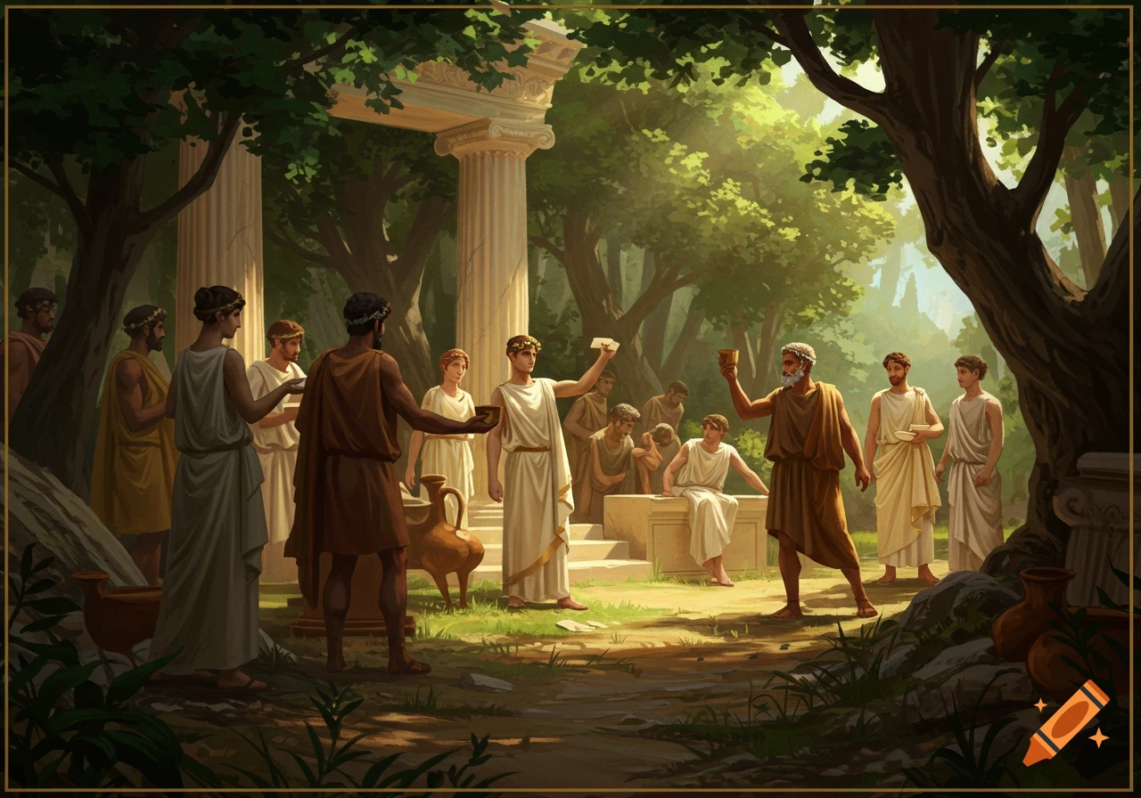 Painterly image of ancient Greeks in tunics gathered in a forest clearing near a temple, holding cups and papers.