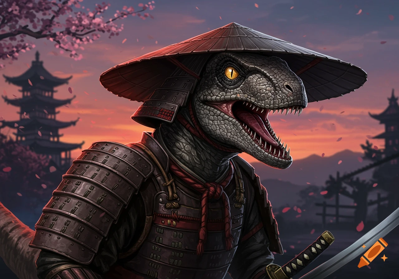A raptor wearing samurai armor stands under a cherry blossom tree at sunset in Japan.