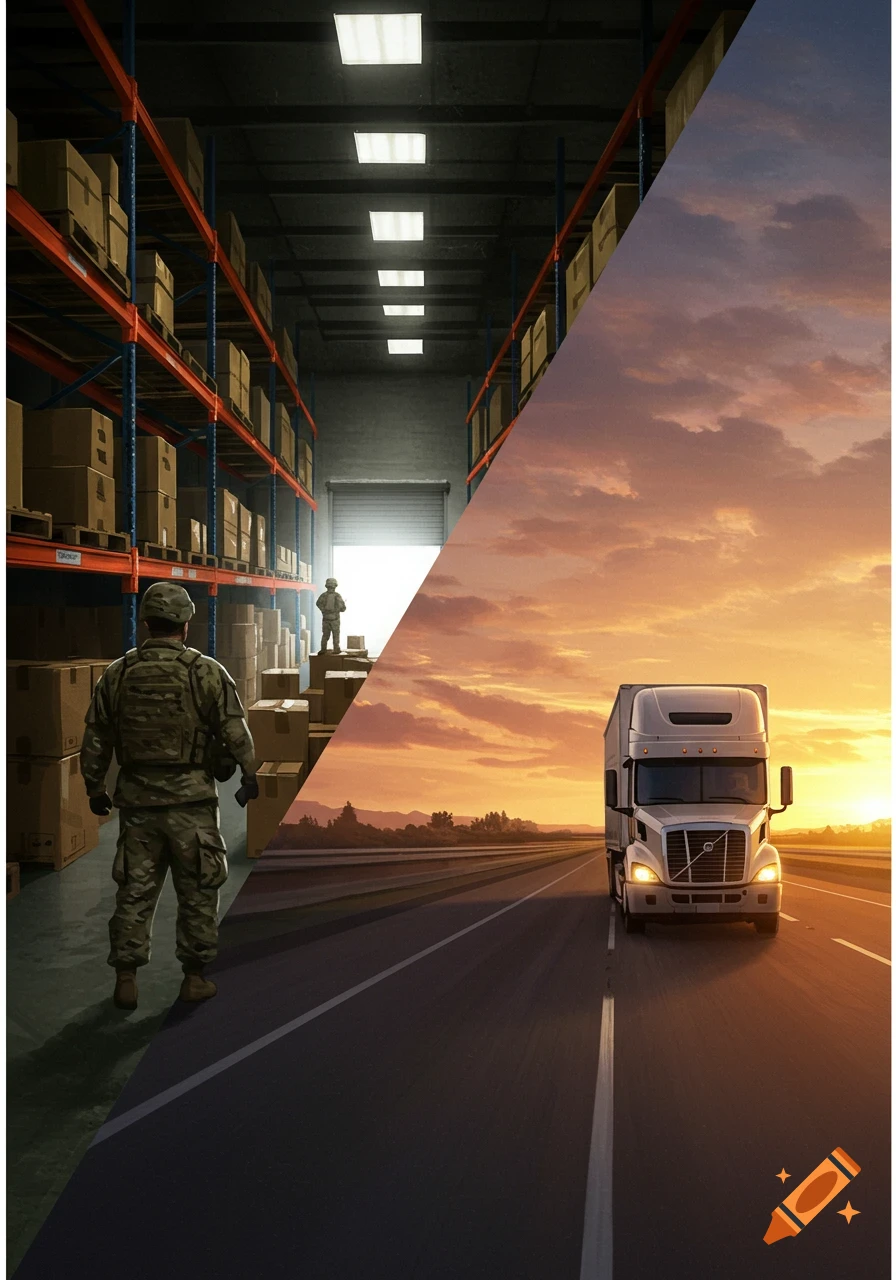 Split image: soldier in warehouse vs truck driving on road at sunset