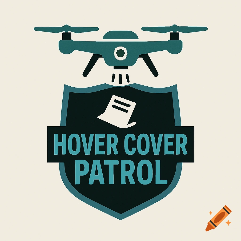 Logo featuring a drone above a shield with the text HOVER COVER PATROL