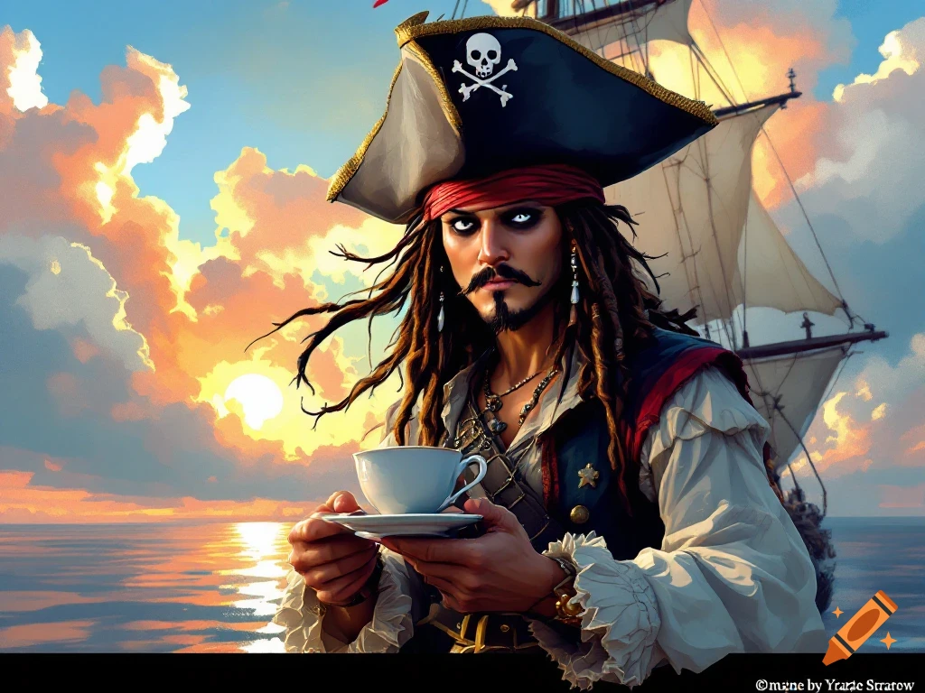 A pirate with dreadlocks and a hat holds a teacup on a ship at sunset.