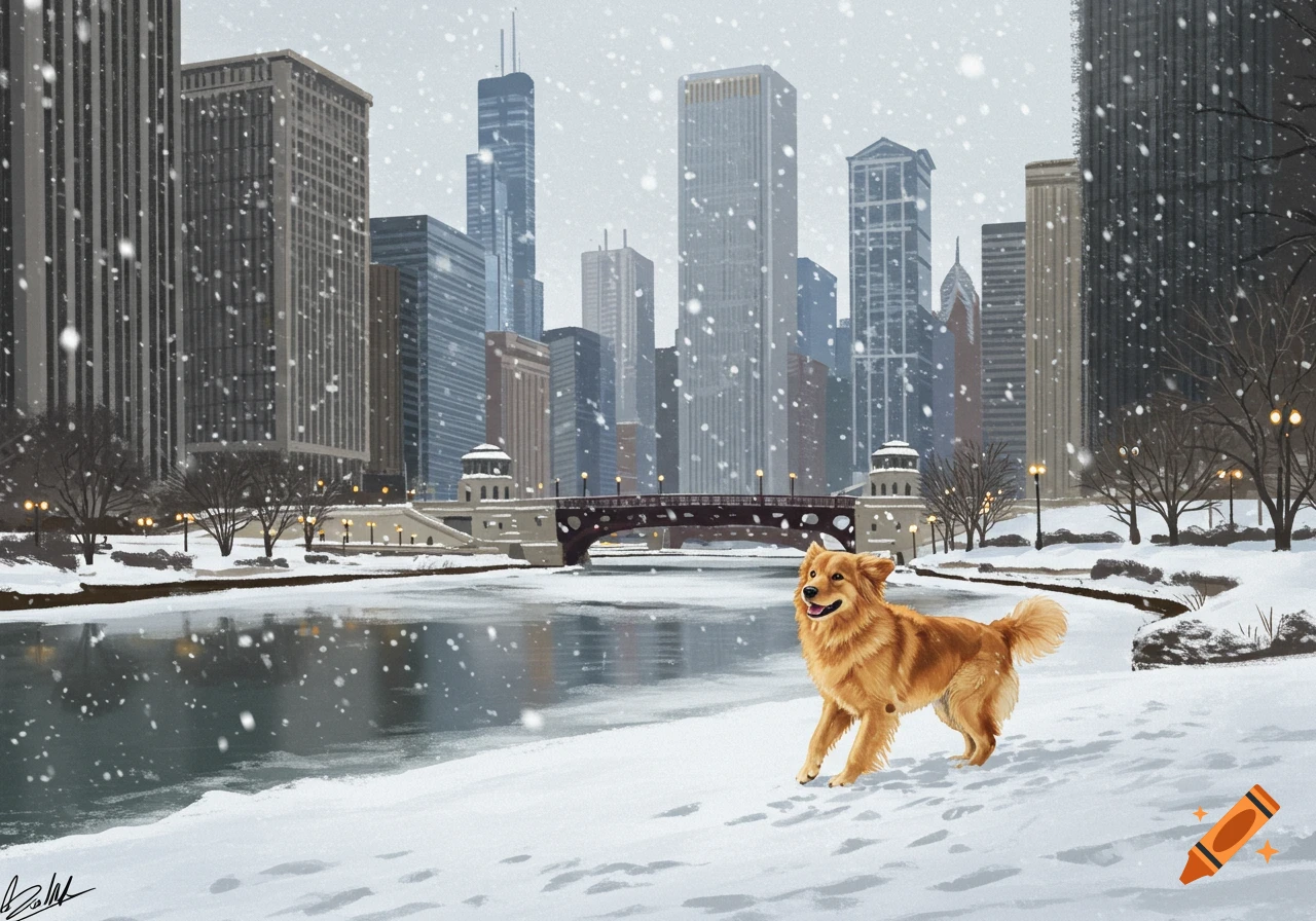 A golden retriever dog runs through the snow beside a river with a snowy city skyline in the background.