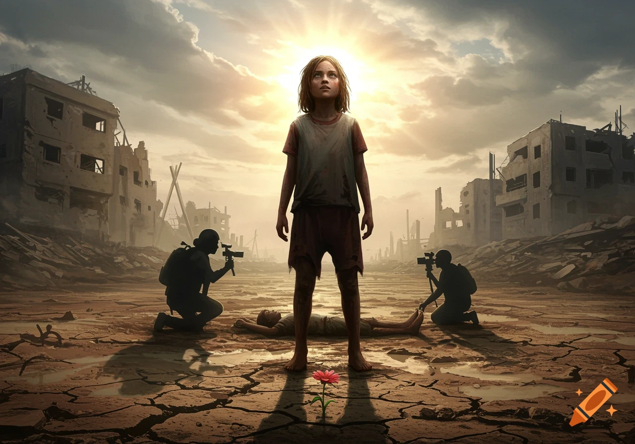 Young child stands in a ruined landscape under a sun, with a flower and kneeling figures.