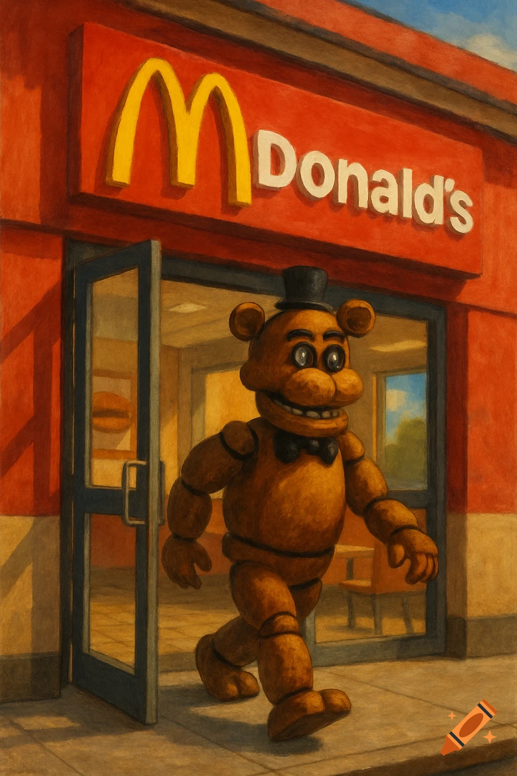 Freddy Fazbear walking out of a McDonald's restaurant in a painterly style.
