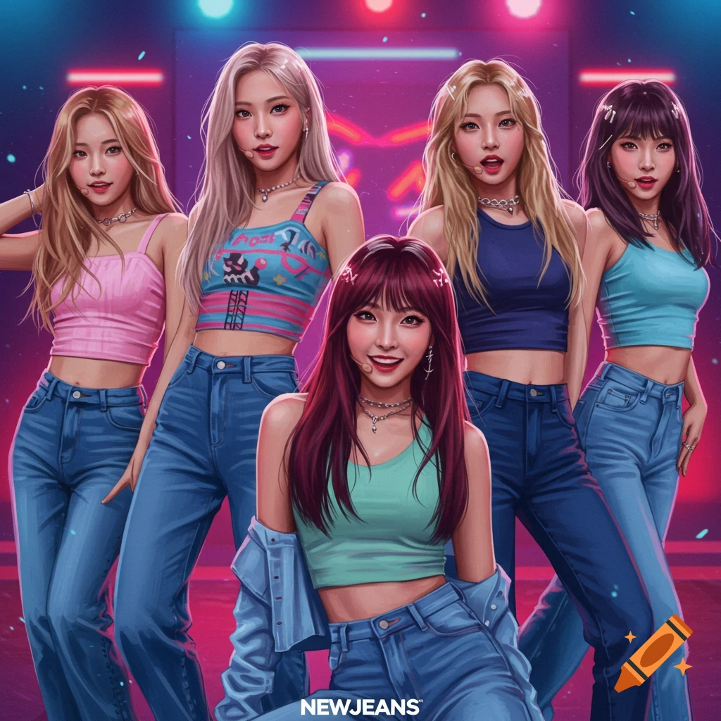 An illustration of a K-pop girl group posing on a stage with neon lights.
