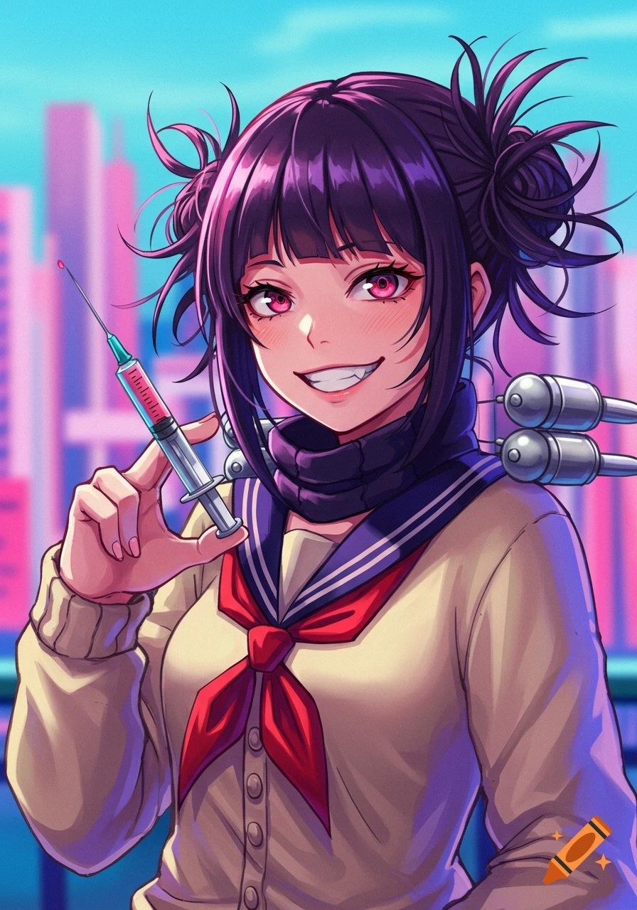 Anime girl in school uniform holding syringe against city background.