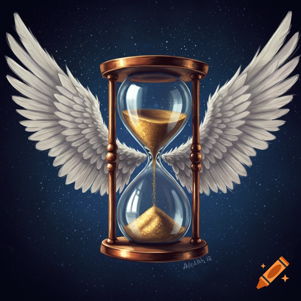 An hourglass with large white wings against a starry sky.
