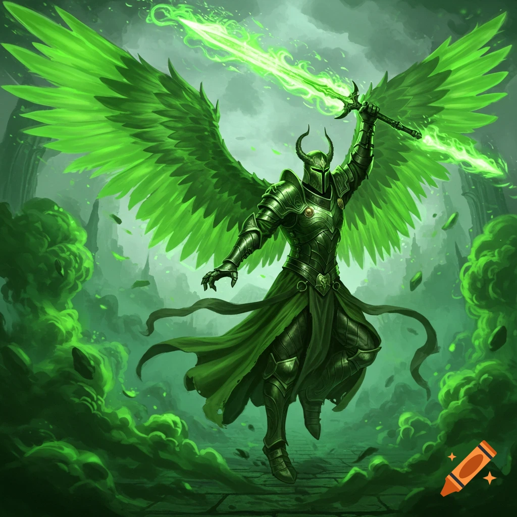A green angelic knight in dark armor with glowing green wings lifts a glowing sword, surrounded by green smoke in a ruined fantasy setting.