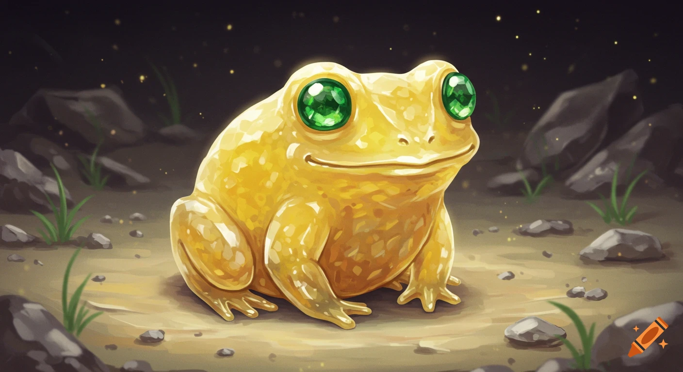 A glittering golden frog with large green gem eyes sits on the ground among rocks and grass in a dark fantasy setting. Digital art.
