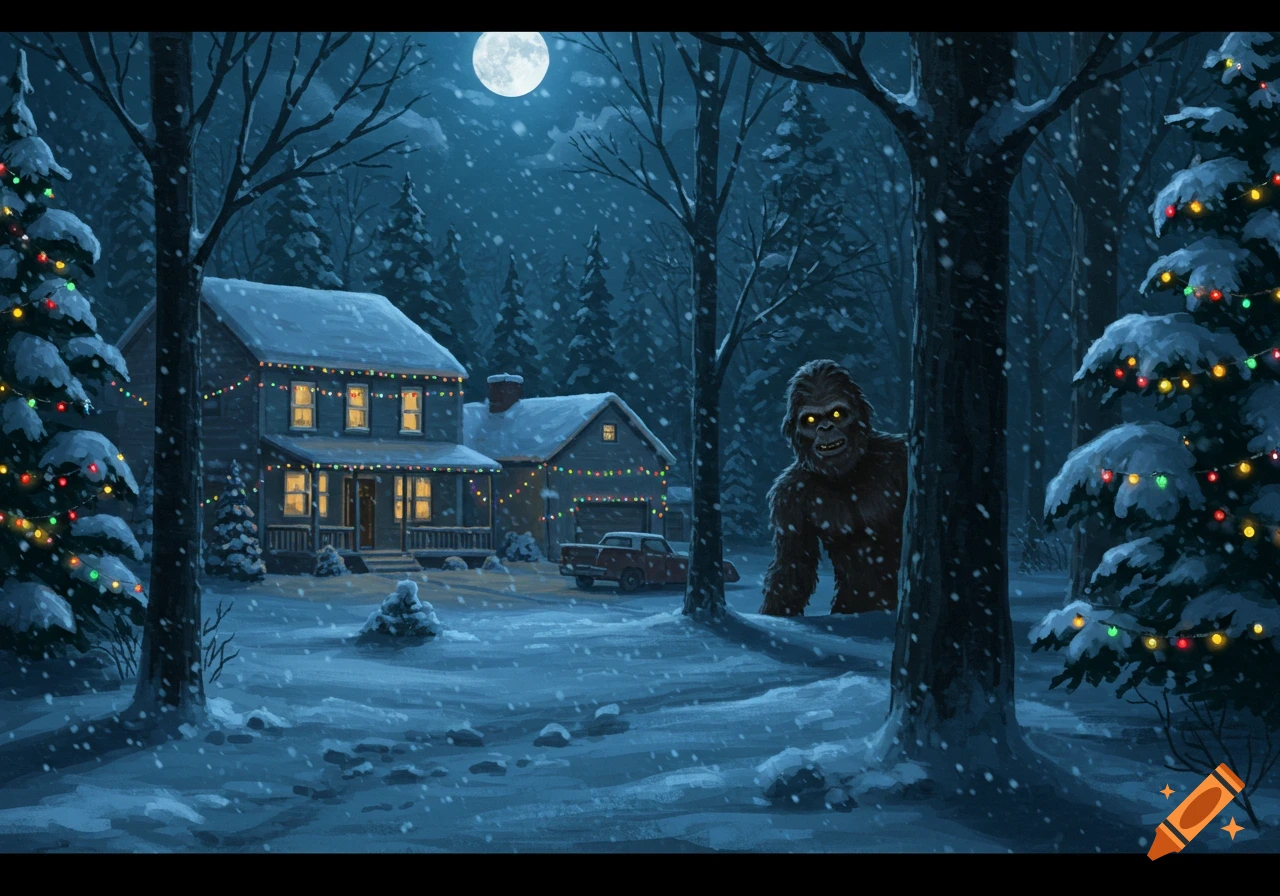 Bigfoot peeks from behind a tree in a snowy forest at night near a house decorated with Christmas lights under a full moon.