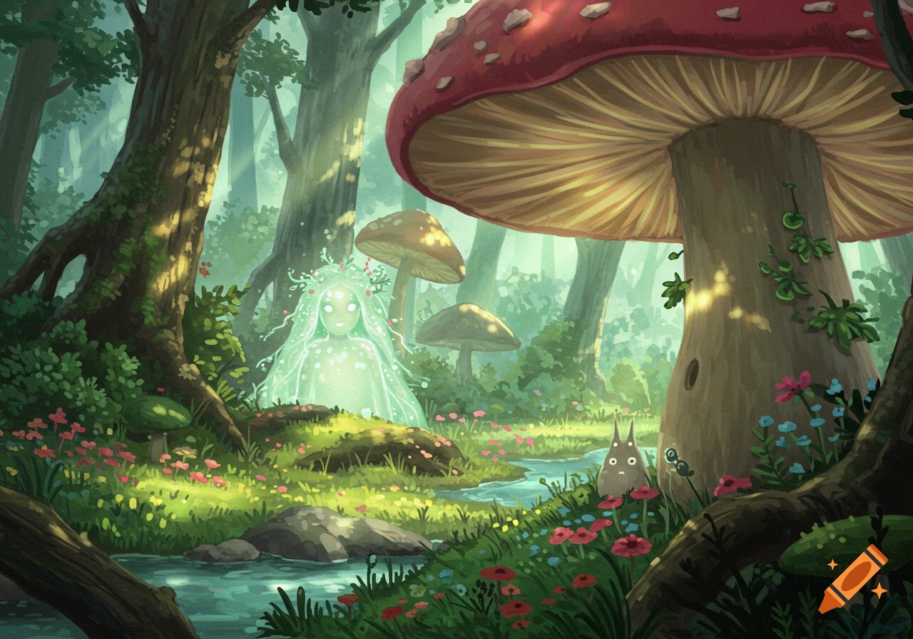 Whimsical forest scene with glowing spirit, large mushrooms, stream, and creature in Studio Ghibli style.