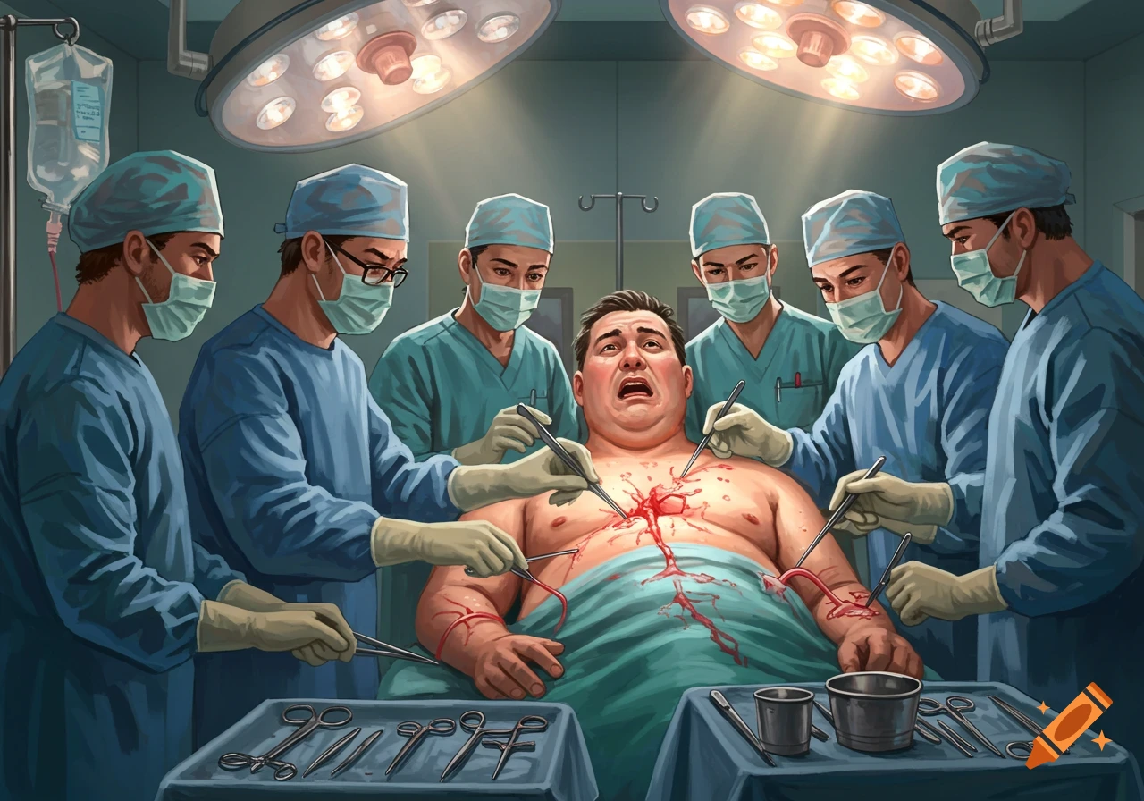 Stylized illustration of surgeons performing heart surgery on a man in an operating room.