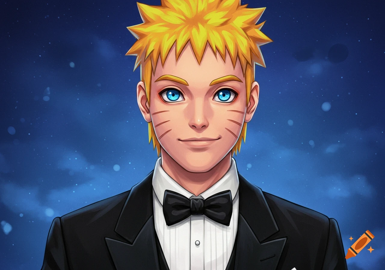 Portrait of anime character Naruto Uzumaki wearing a tuxedo